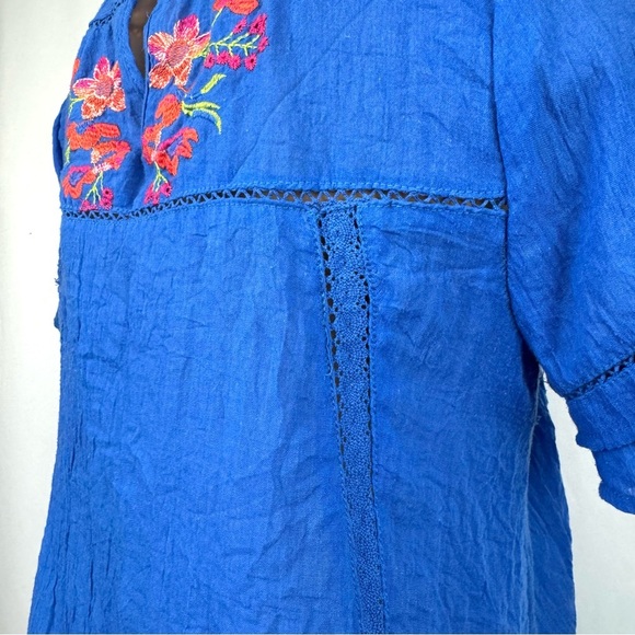 Umgee Women’s Small Gauzy Boho Blue Tunic Top Embroidered Flowers Short Sleeve - Picture 7 of 14